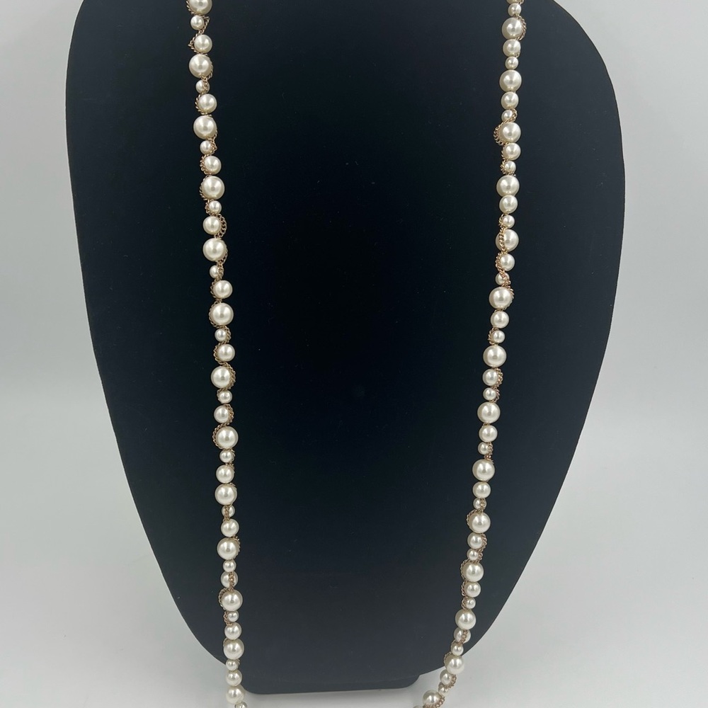 Vintage Faux White Pearl Long Strand Necklace Gold Tone Chain 42-46” Adjustable